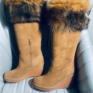 UGG Brown Suede Boots with Faux Fur Cuff